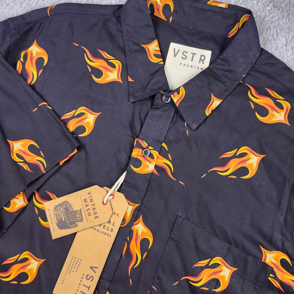 VSTR Button Down Shirt Men Large Black Flame Fire Print Short Sleeve Y2K Viscose